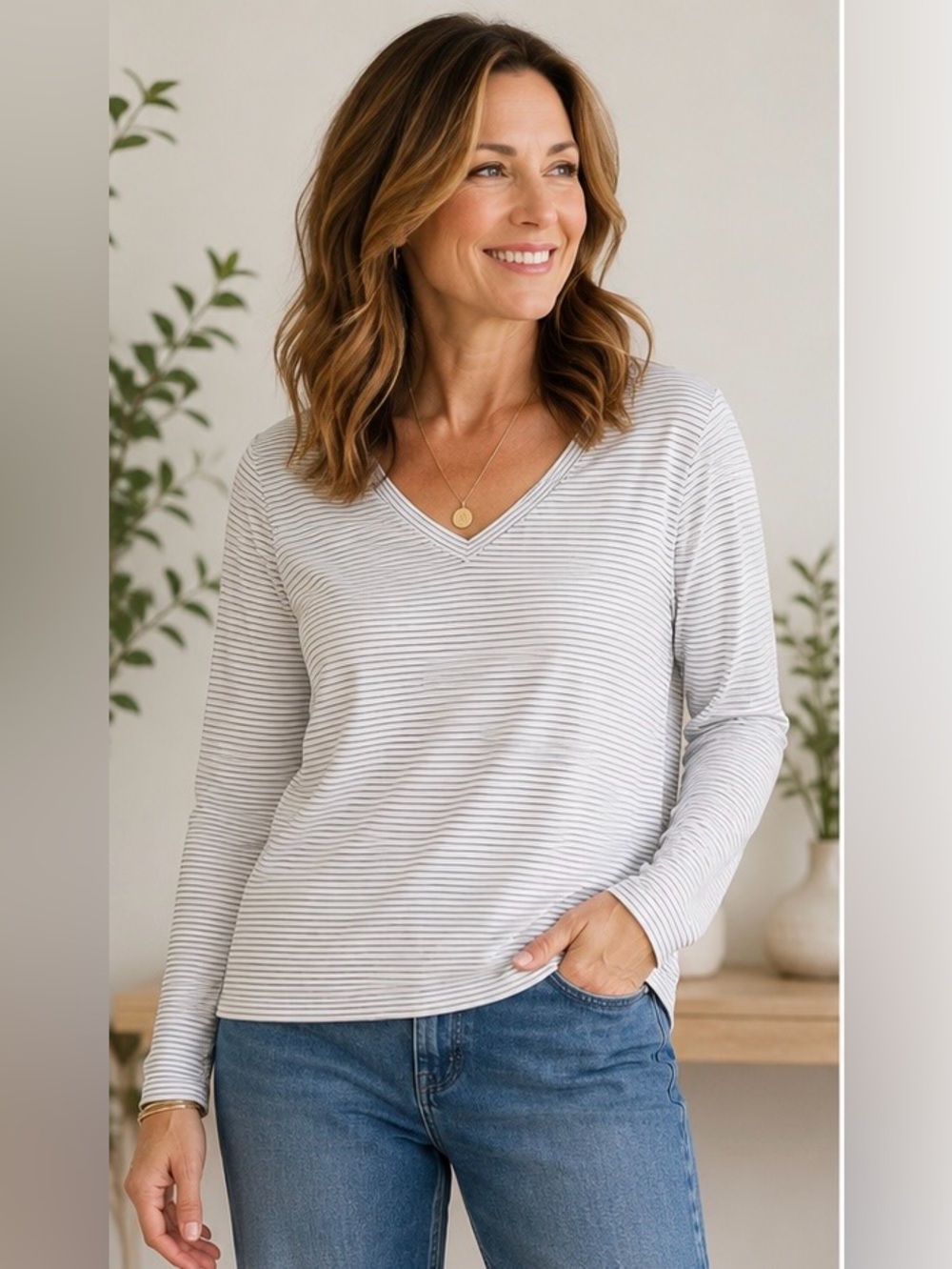 Athleta Essential V-Neck Long Sleeve Top M White Gray Stripe